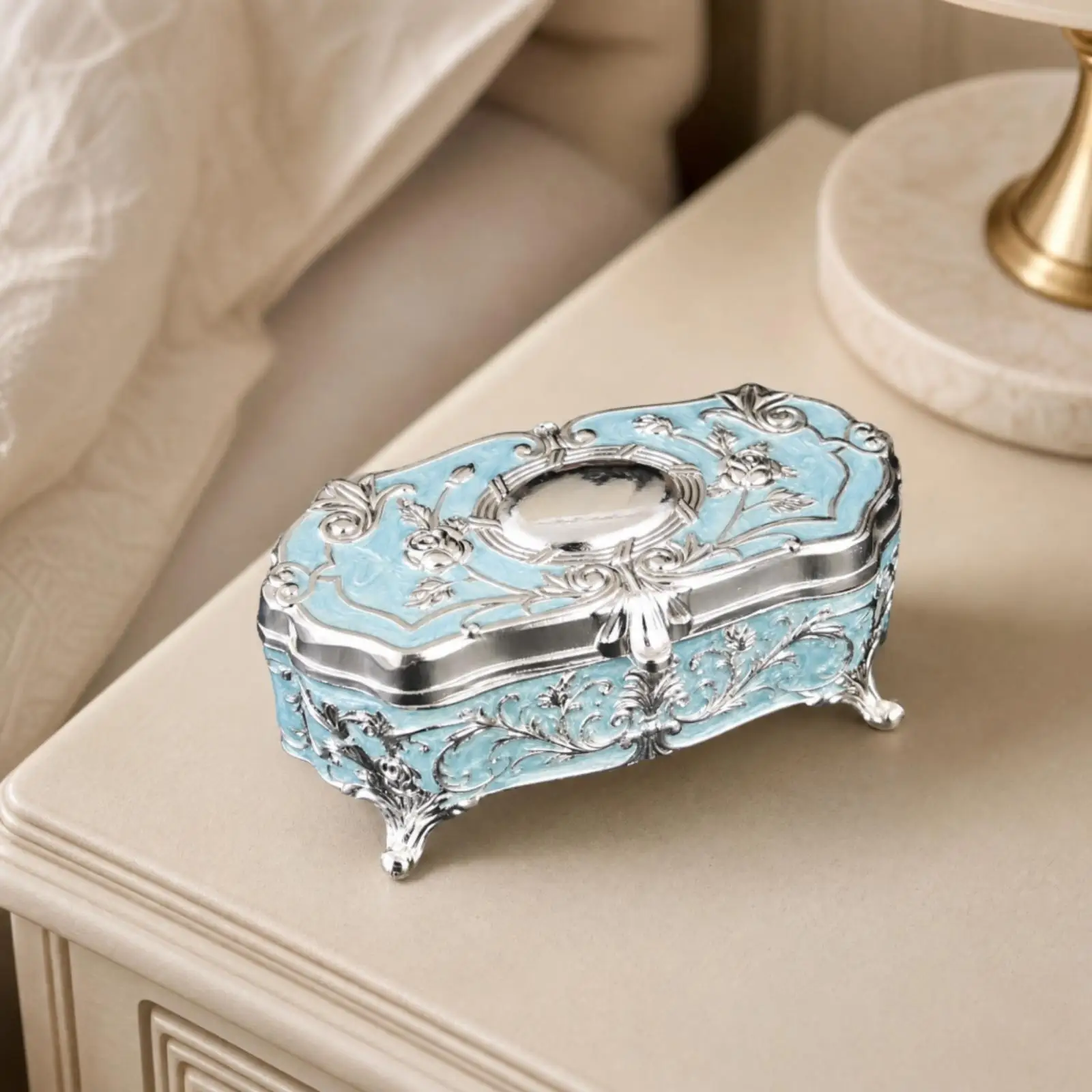 Small Jewelry Storage Box Zinc Alloy Decorative Feet Hinged Lid Organizer for Necklaces Earrings Rings Bedside Table Use