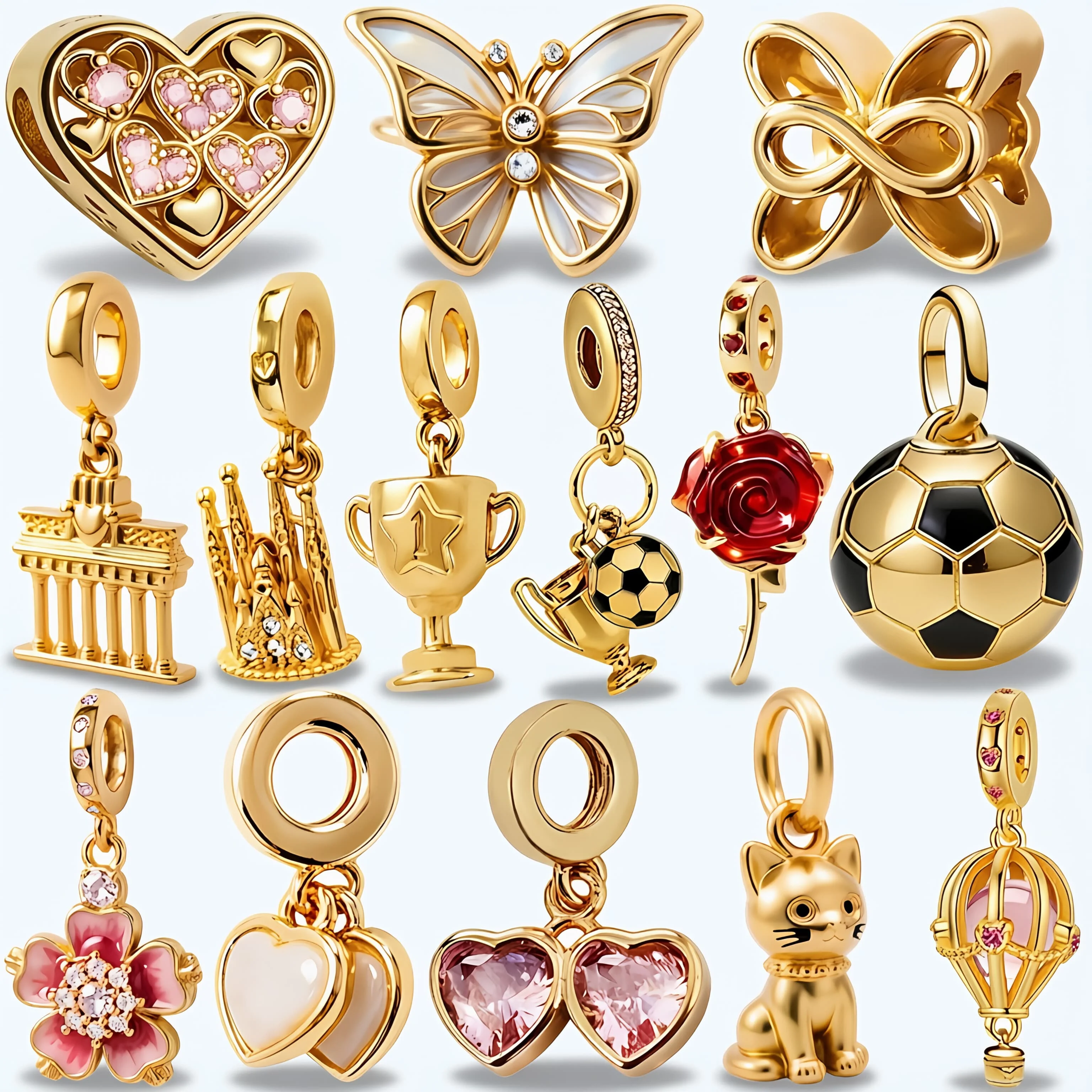 

Trending Now Trendy Gold Sparkling Charm BeadHeart/Cat/Soccer/Flower Styles Multiple Types For Bracelets Necklaces Women Gifts