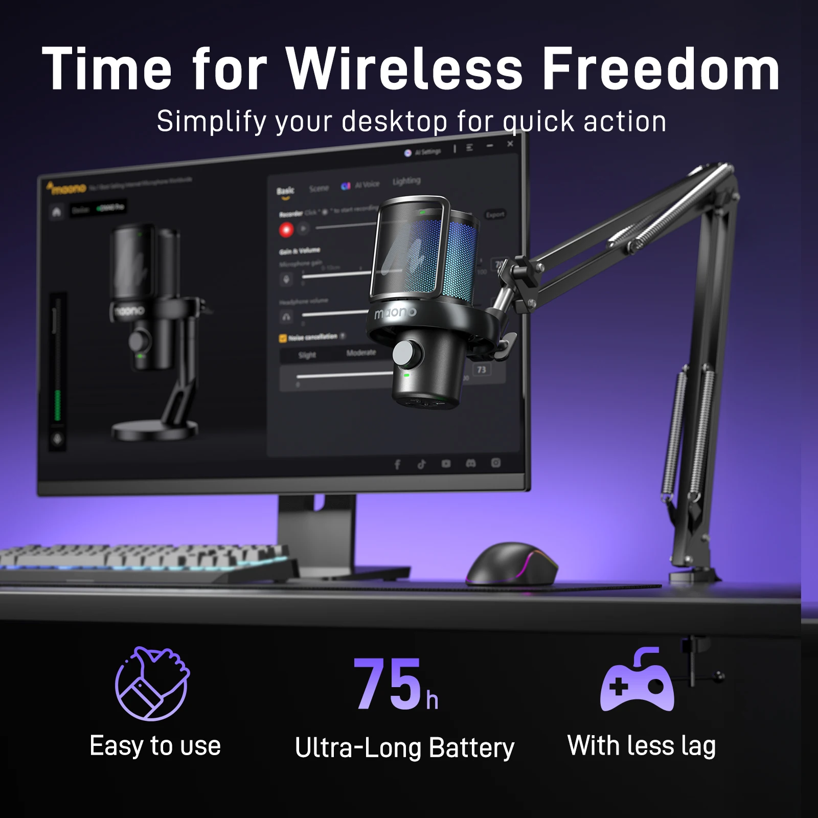 Maono DM40 Pro S Wireless Microphone with Firm Arm Stand USB AI Voice Changing Direct Monitor Software