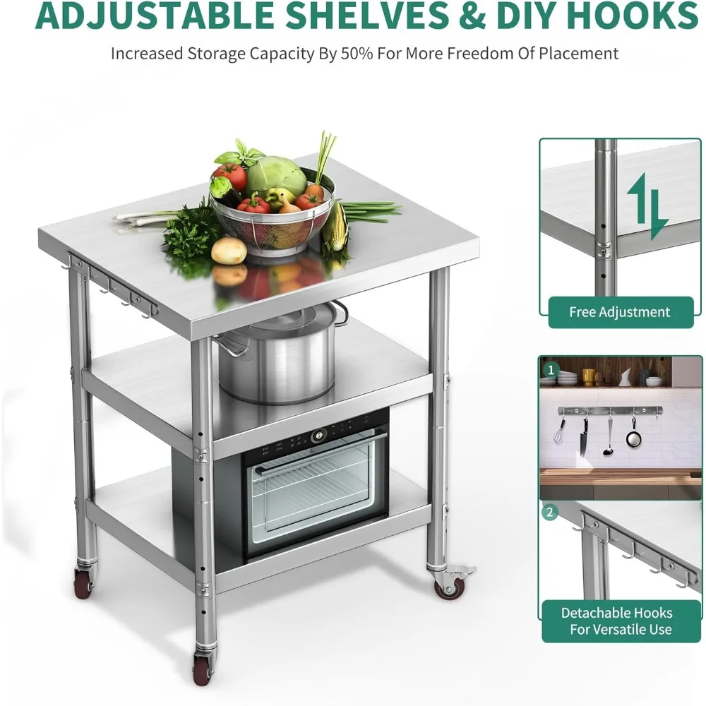 طاولة عمل دوارة من الفولاذ المقاوم للصدأ مع ثلاثة أرفف، 30 × 24 لاستخدام المطبخ والمطاعم #3