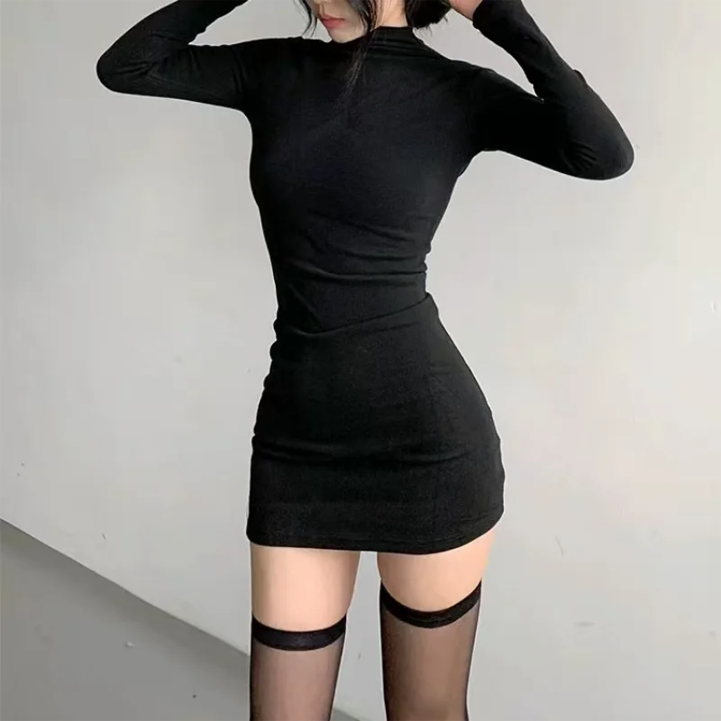 Fashion New Solid Half High Collar Dresses Autumn Winter Women Long Sleeves Sexy Bodycon Mini Dress Club Elegant Party Dresses