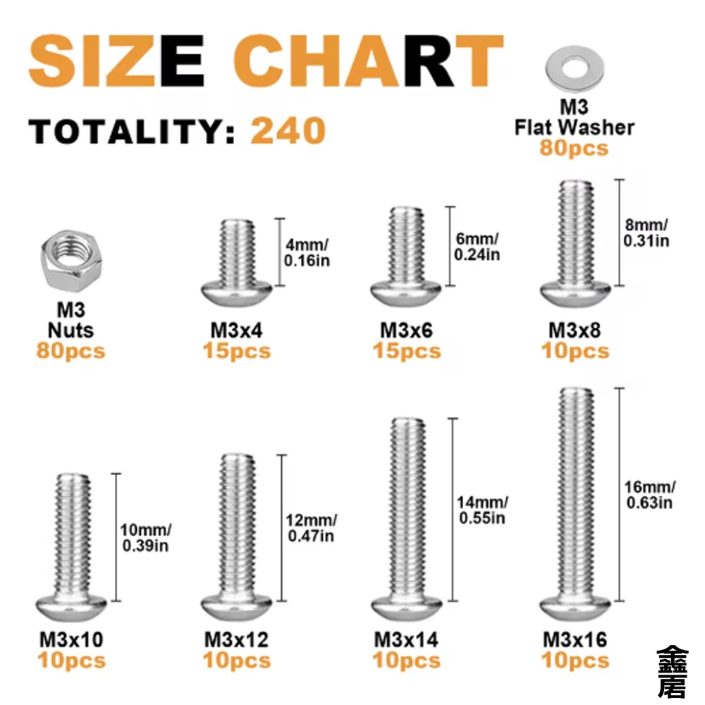 240 قطعة M3 مسامير رأس سداسية ، M3x4/6/8/10/12/14/16 مللي متر زر رئيس الفولاذ المقاوم للصدأ الداخلية مسدس المسمار غسالة الجوز مجموعة #2
