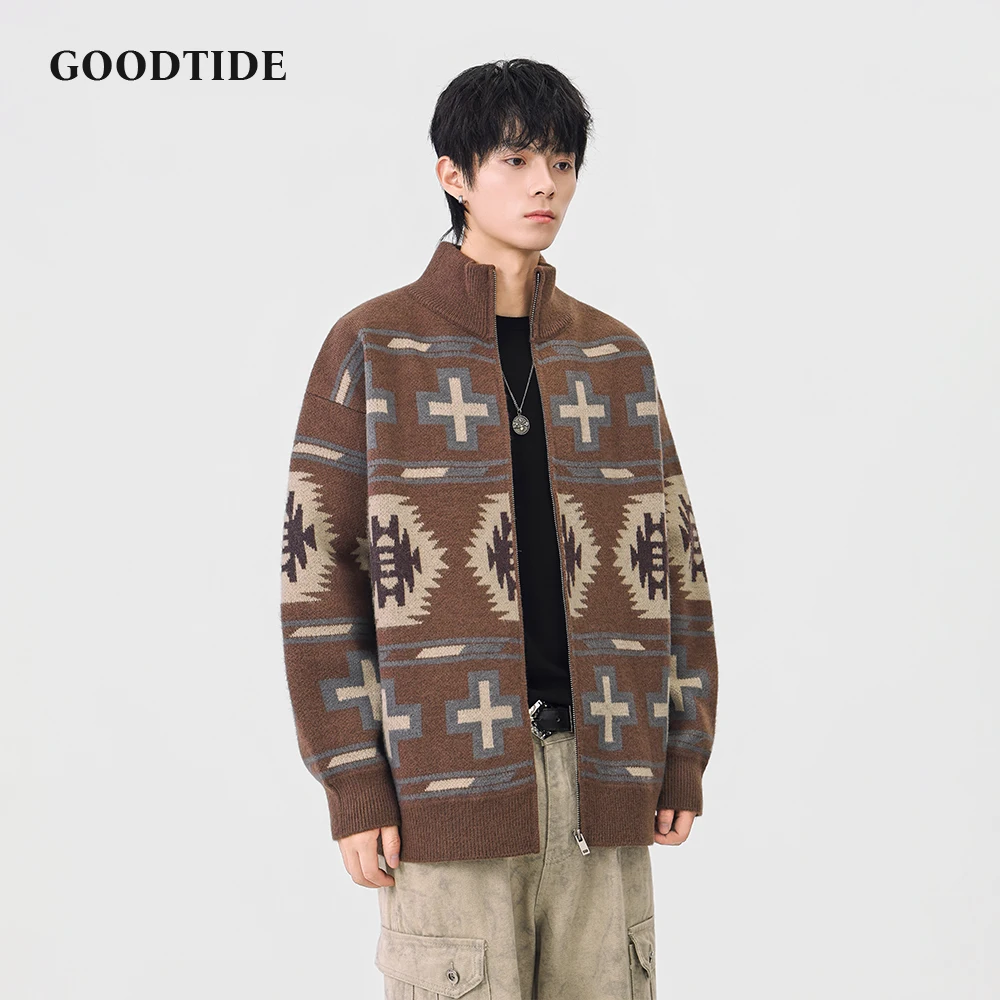 سترة رجالية عصرية غير رسمية بسحاب كامل ورقبة وهمية 2025 شتاء جديد نمط هندسي محبوك سترة ناعمة كم طويل ملابس خارجية #3