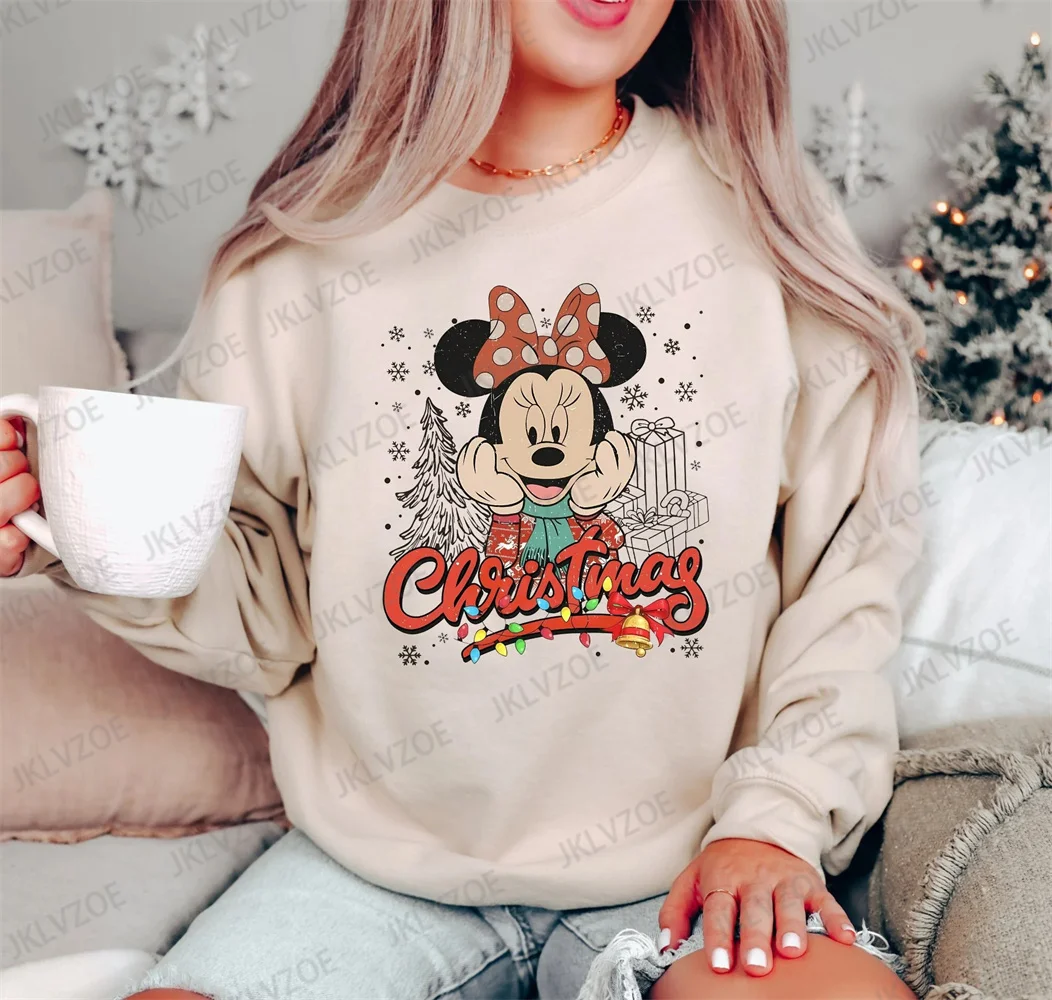 Winter Women Fashion Christmas Hoodies Disney Minnie Print Round Collar Cotton Sweatshirt Sport Streetwear Pullover Hoodies