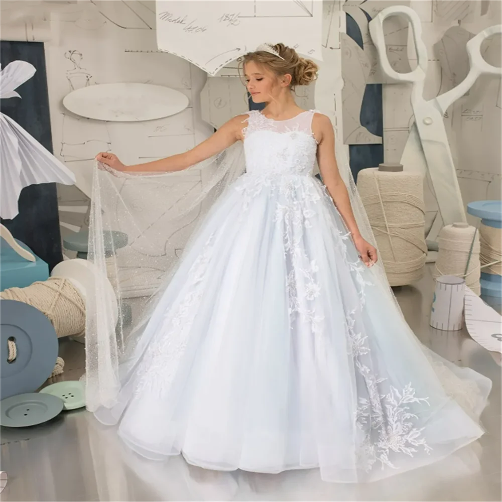 Weiße Tüll Blumen mädchen Kleider Spitze Applikation Hochzeit Donsig Prinzessin erste Eucharistie Geburtstags feier Kleid Kind Pasmaak Geschenk