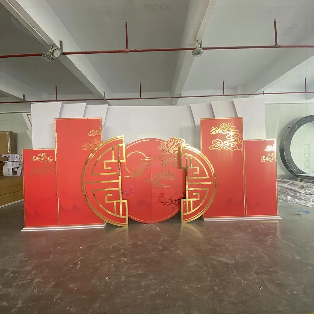 

FSDKX 600cmx240cm Stunning Wedding Event Party Gold and Red Acrylic Backdrop Arch