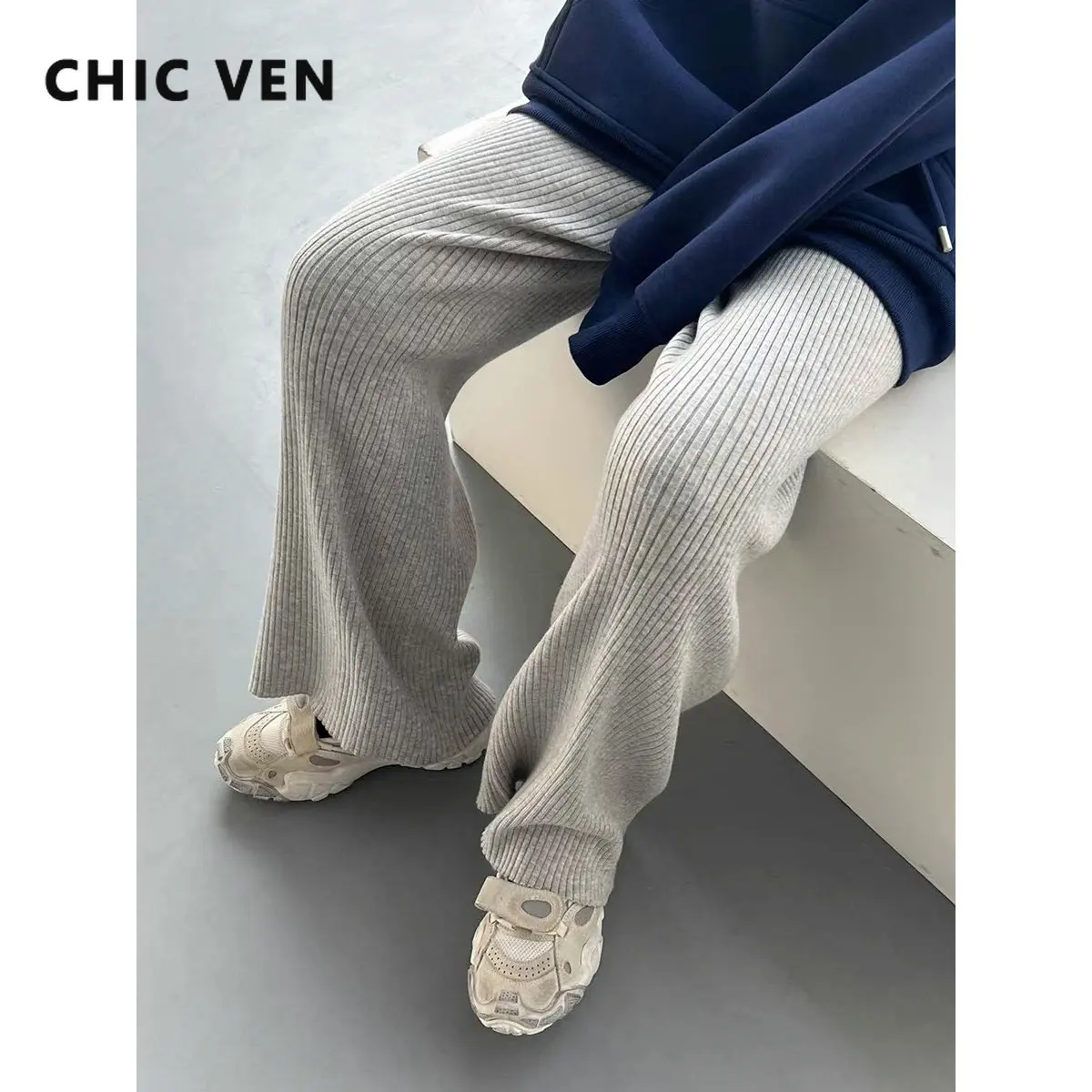 

CHIC VEN Simple Knitting Pit Strip Elastic Waist Mop Trousers Straight Tube Casual Pants Women Office Lady Autumn Winter 2022