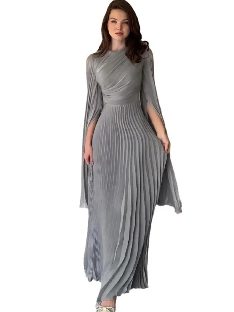 فستان أنيق ذو ثنيات بلون واحد موضة عالية الخصر فساتين سهرة طويلة ضيقة لخريف 2025 فساتين حفلات نسائية بأكمام طويلة #5