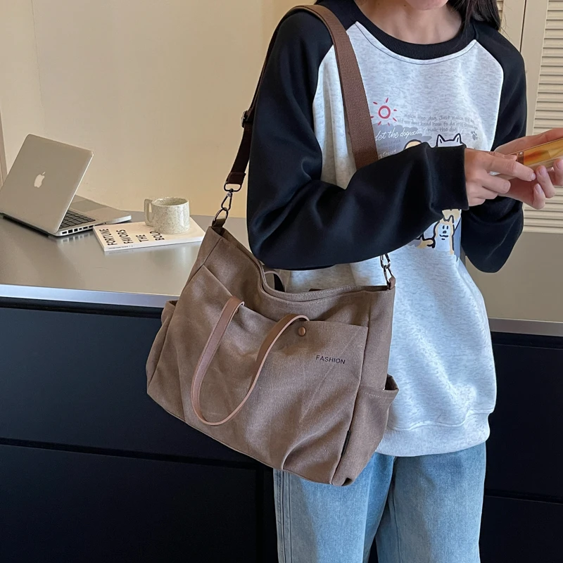 Multi Pocket Canvas Tote Bag, Large Capacity Handbag with Leather Handle and Crossbody Strap, Shoulder Bag for Office Travel