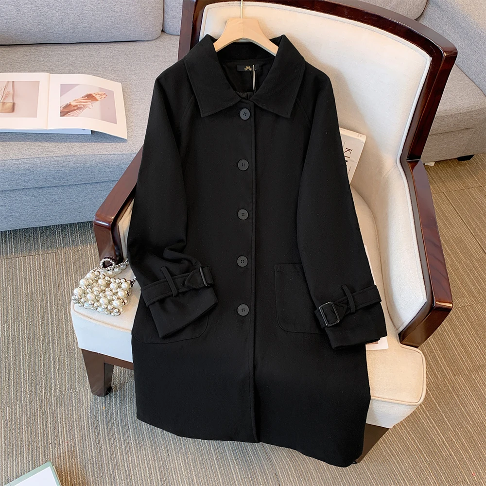 

Plus size women's spring and autumn black casual loose single breasted trench coat street style long sleeve coat 2024 new large