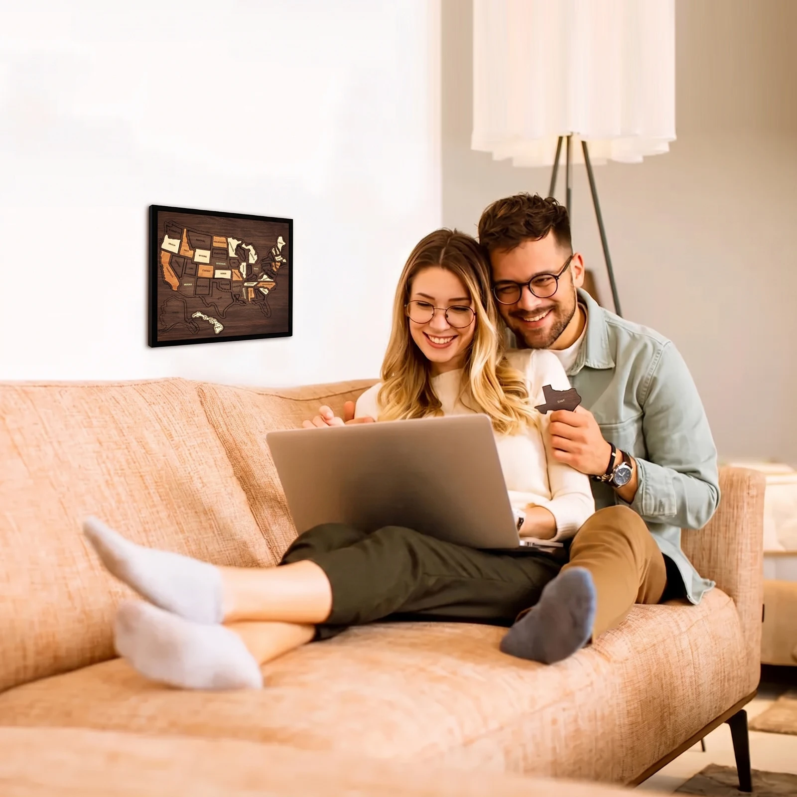 Wooden USA Maps Puzzle Reusable Landmarks Cork Travel Map Multi-Purpose Portable Wooden Puzzle for Couples And Families Gift