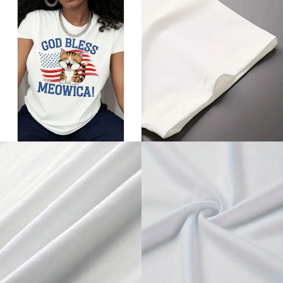 【New style】Plus Size July 4Th Women's Patriotic God Bless Meowica T-Shirt- Funny Catand American Flag Design Soft Cotton Crew N