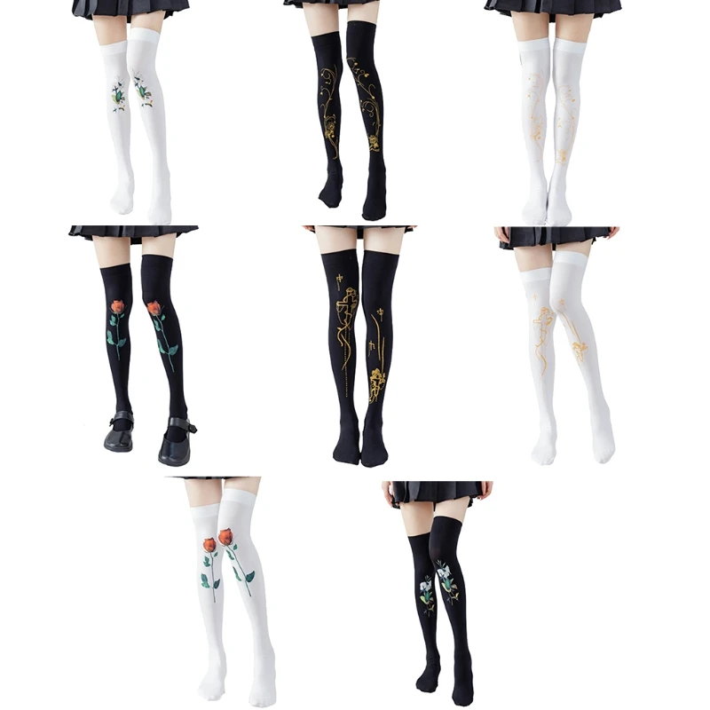 Women Student Over Knee Long Socks Harajuku Gothic Punk Hot Stamping Rose for Cross Pattern Anime Cosplay Thigh High