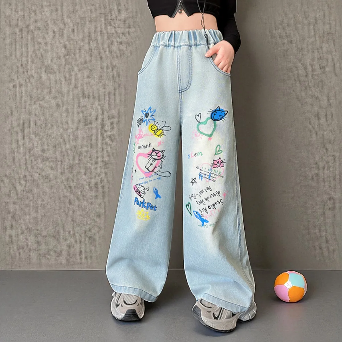 

Girls Graffiti Wide Leg Jeans Kids Loose Fit Denim Pants Baggy Trousers School Girls Outfits Children Clothes 5 7 9 12 13 Years