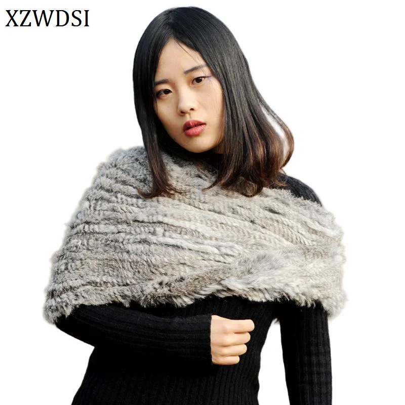 

Elastic Handmade Women Real Rabbit Fur Wrap Shawl Knitted Scarf Autumn Winter