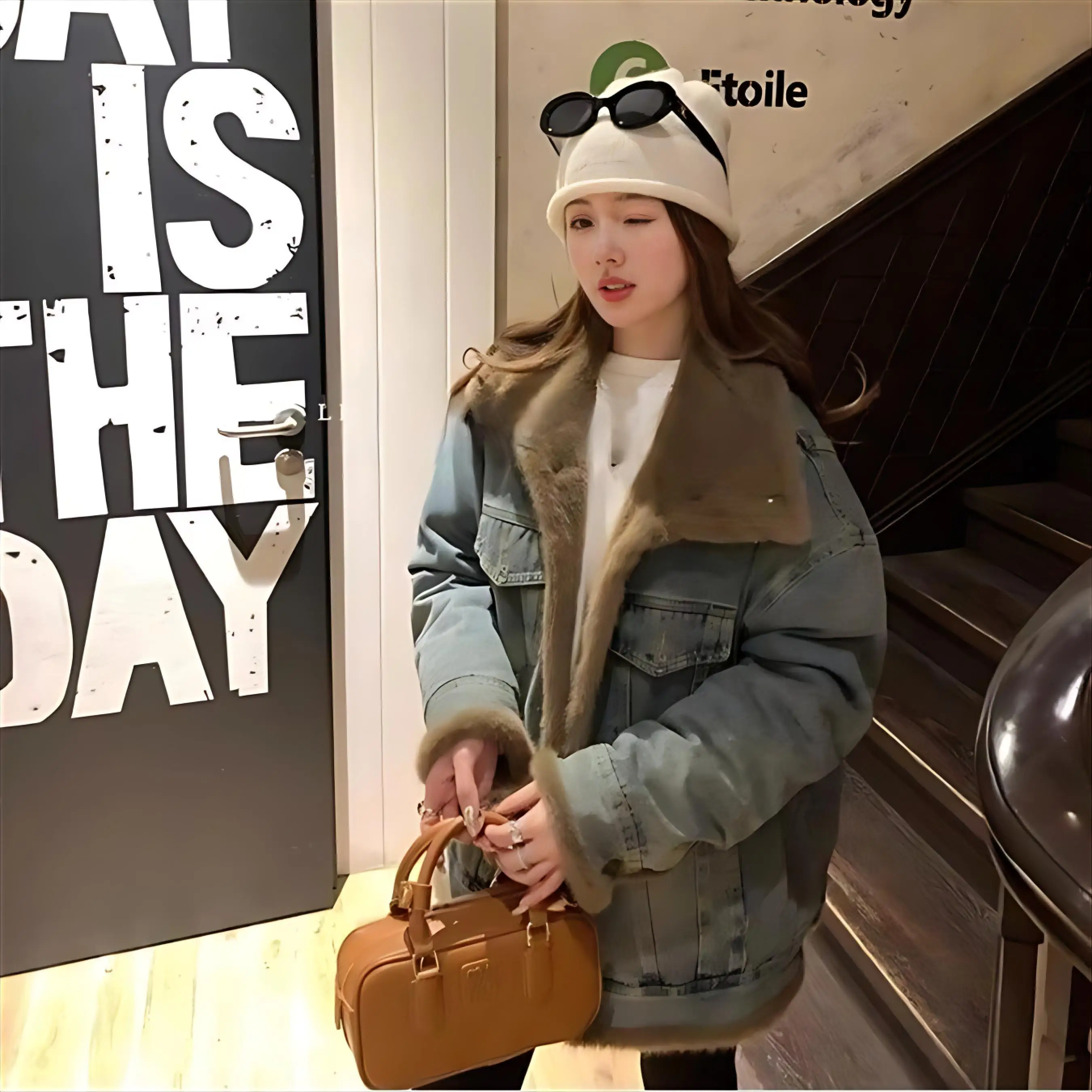 Manteau en jean avec fourrure et capuche en peluche pour femme, Softshell réglable, Patchwork, boîte de nuit, vacances, moelleux, matelassé, col montant, Chic, hiver