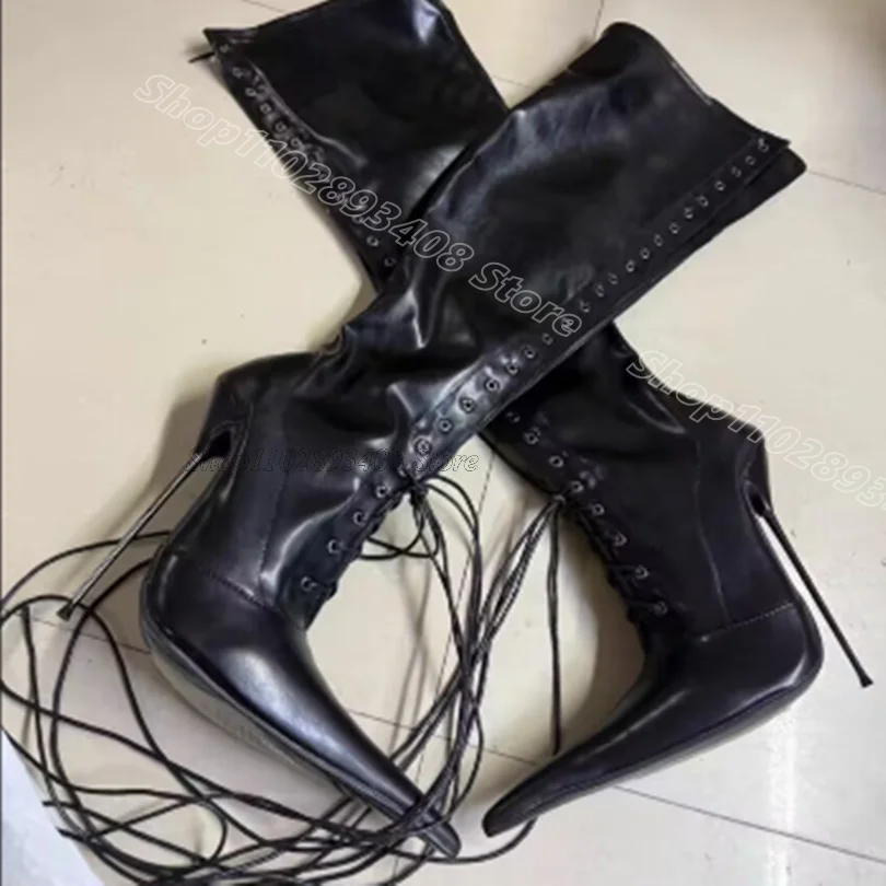 

Black Lace up Metal Heels Boots Pointed Toe Solid British Style Spring New Fashion Women Casual Boots 2025 Zapatos Para Mujere