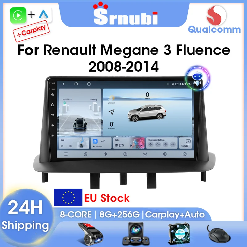 Srnubi unité centrale Android autoradio 9 pouces pour Renault Megane 3 Fluence Samsung SM3 2008-2014 lecteur multimédia Carplay Auto WIFI