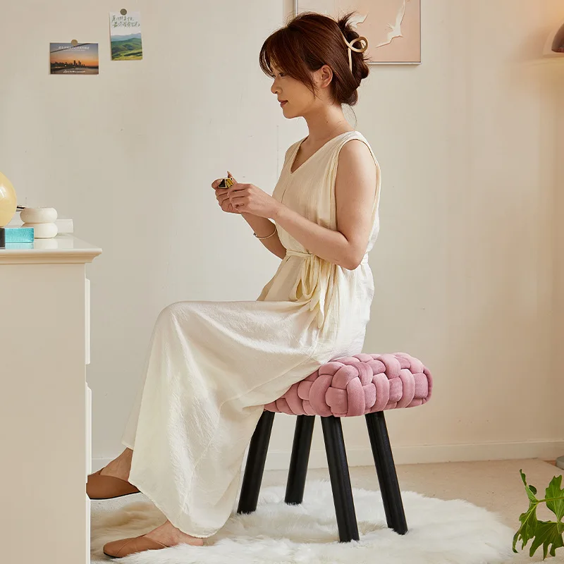 #￥Makeup Stool Nordic Solid Wood Dressing Stool for Bedroom Fabric Upholstered Soft Cushioned Chair