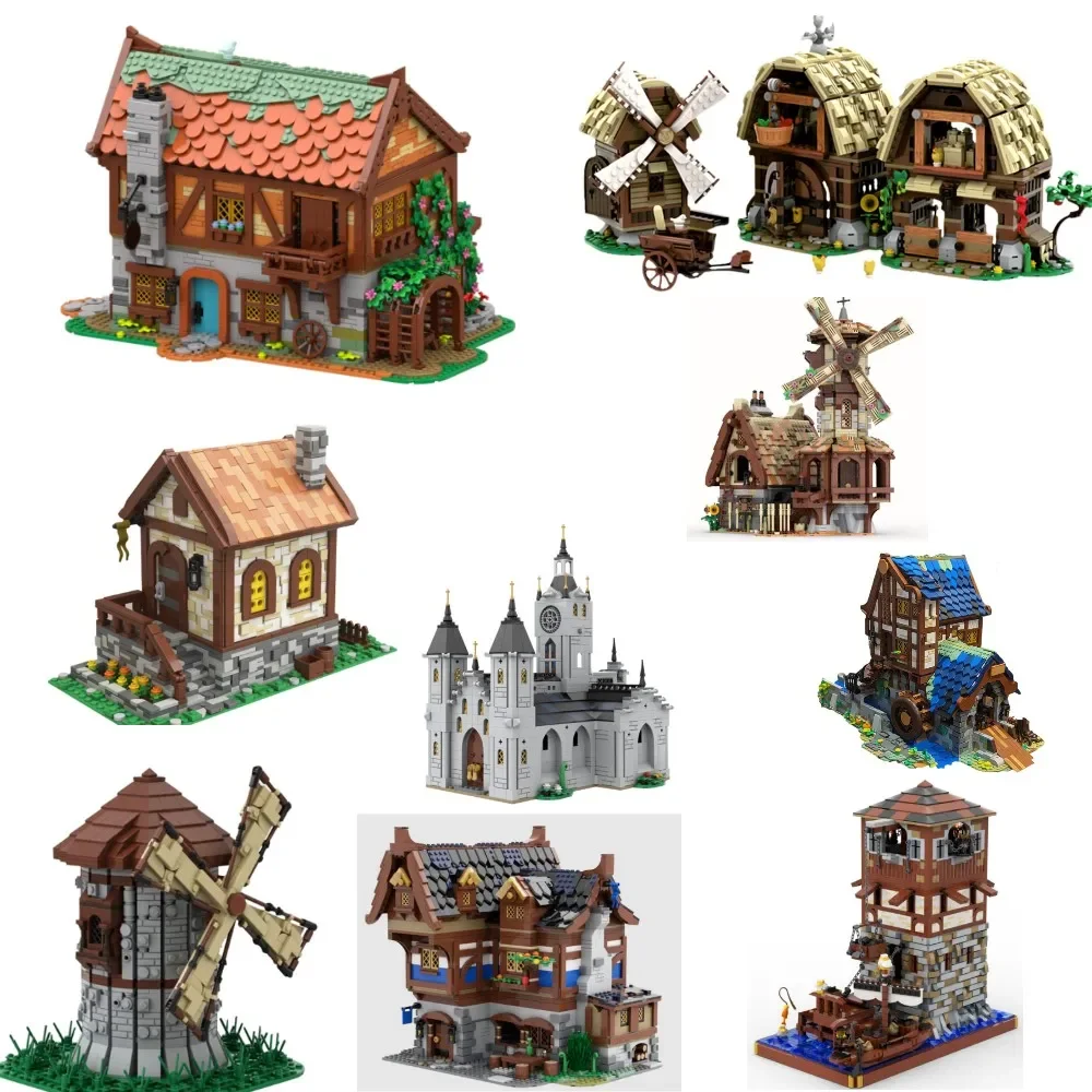 Moc medieval ferreiro marceneiros oficina blocos de construção igreja medieval 3739 moinho aldeia raid remake moinho de vento tijolos brinquedo presente