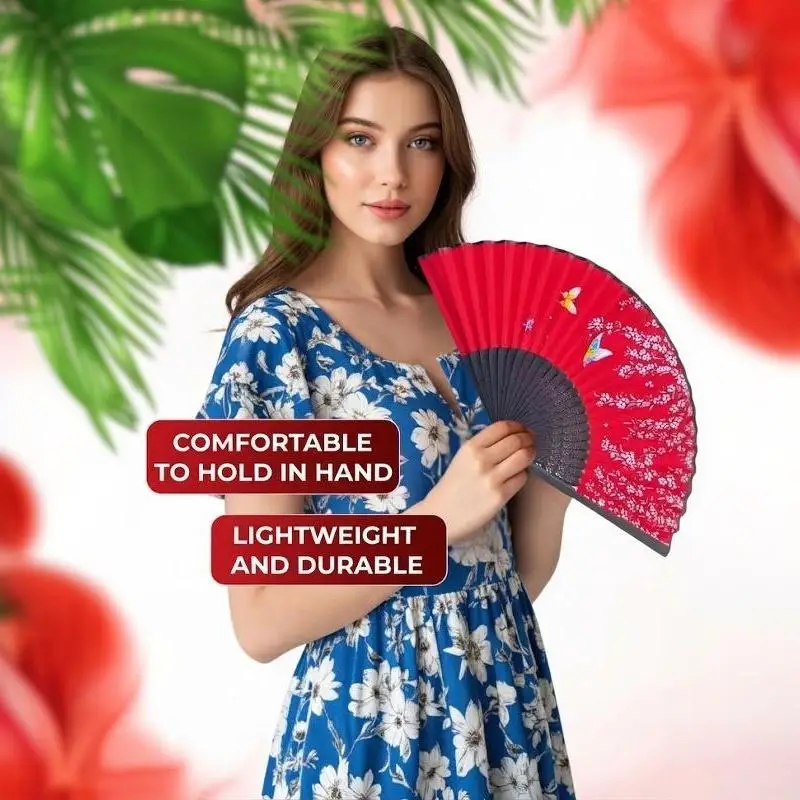 Chinese Style Folding Fan Bamboo Hand Fan Printed Pattern Portable Handheld Fan With Tassel For Hanfu Cosplay Party Decoration