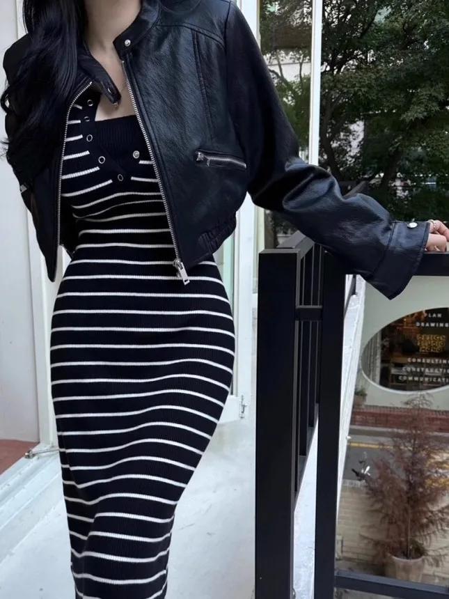 Faionable Sexy Wrap Body Long Dr femmes début automne nouveau Vintage rayures v-ne minceur sur le genou Dr