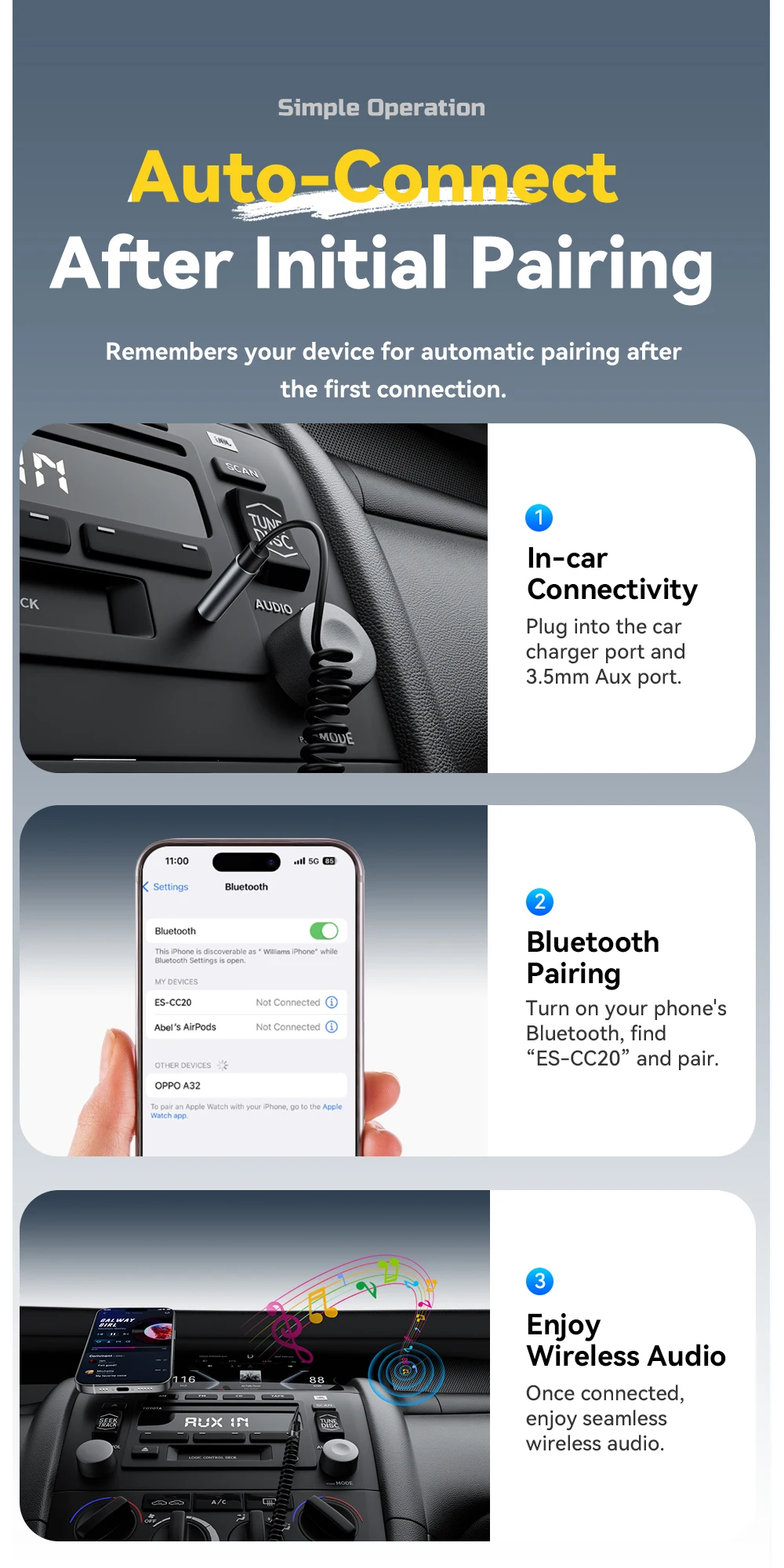 Essager Bluetooth 5.3 Car Charger 3.5mm AUX Adapter PD35W QC30W Car Fast Charger for iPhone 16 15 Pro Huawei Xiaomi Samsung iPad