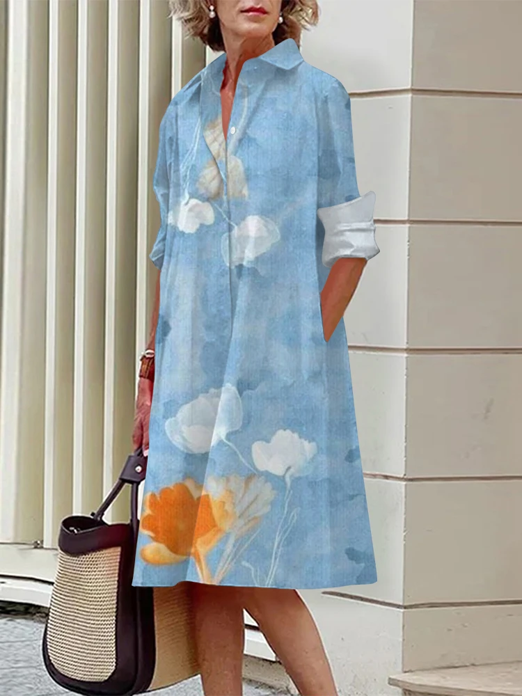 

Creative Printed Women's Shirt Dress Stylish and Elegant Dress Outdoor Street Casual Long-Sleeved Shirt Dress Women's Clothes