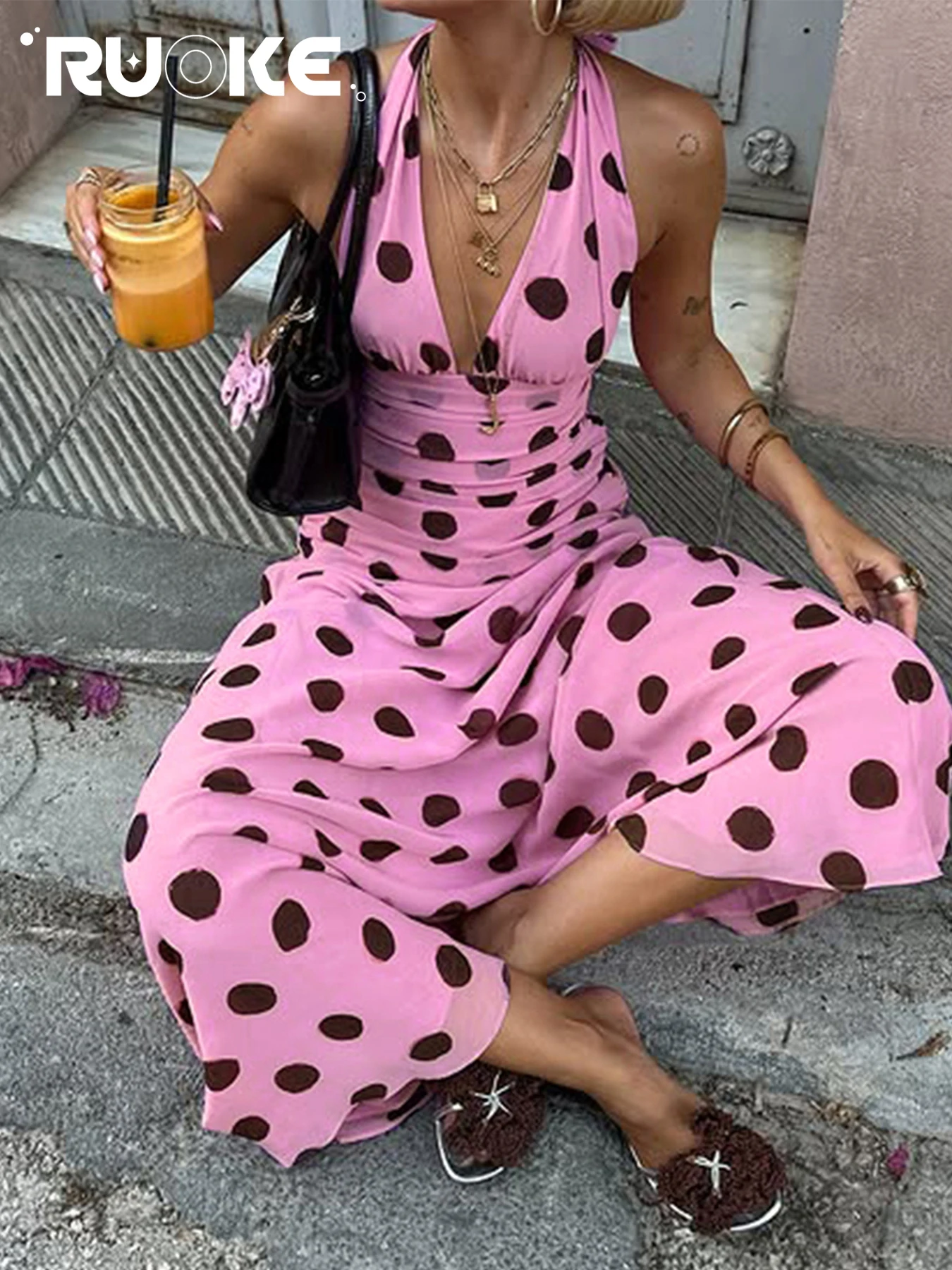 

[RUOKE] Spring Summer Holiday Halter Neck V Neck Backless Mesh Polka Dot Maxi Dress For Women Beach Vacation Party Valentine Day