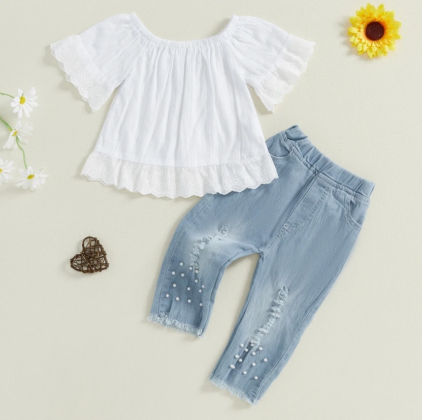 Toddler Kids Lace Outfit Children Summer Clothes Baby Girl Blouse Tops Shirt Denim Long Pants Jeans 2Pcs Outfits Clothes Set