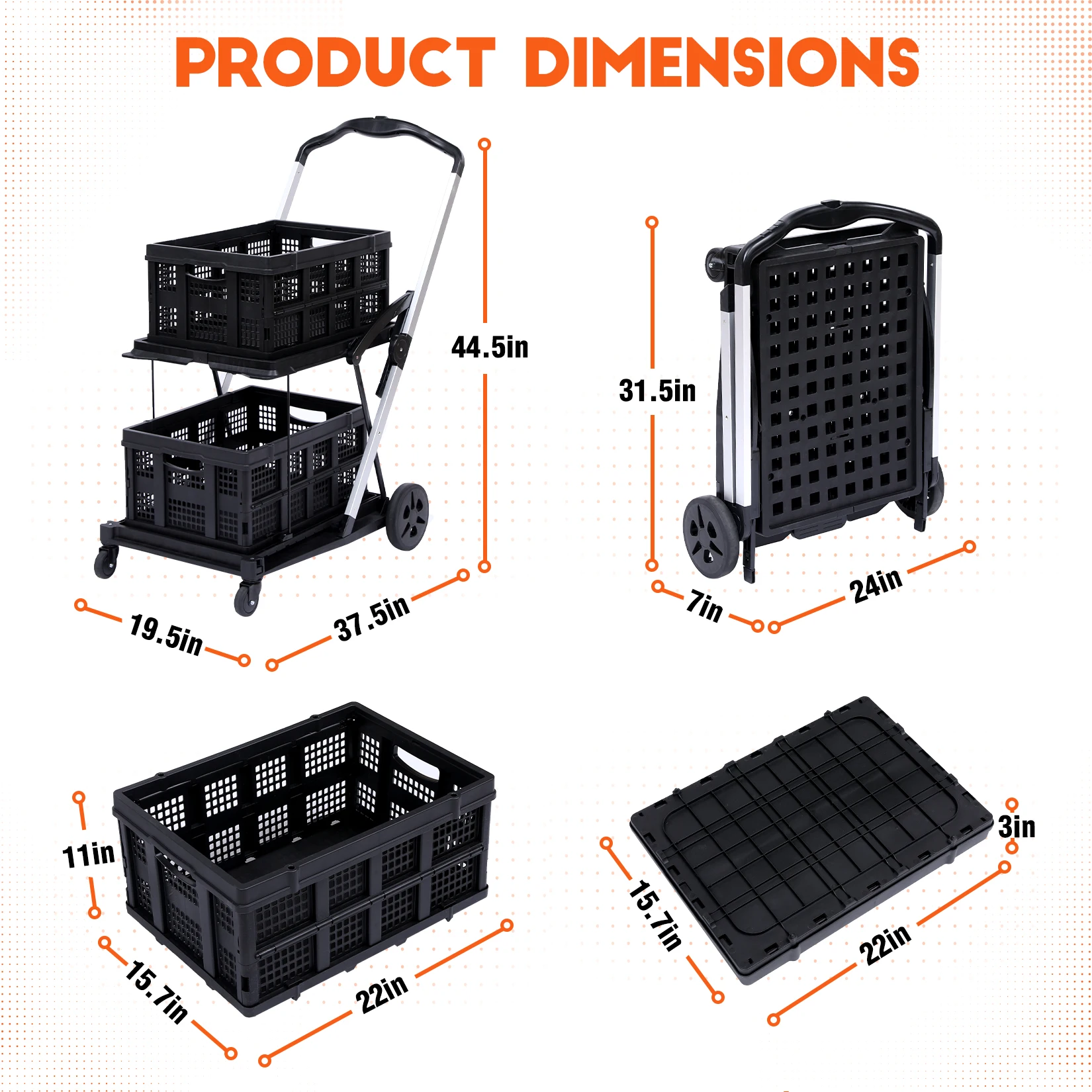 2-Tier Folding Office Utility Cart – 360° Swivel Wheels, Large Capacity Collapsible Rolling Trolley for Supplies & Groceries – Multipurpose & Sturdy – Black, 2 Cargo Boxes