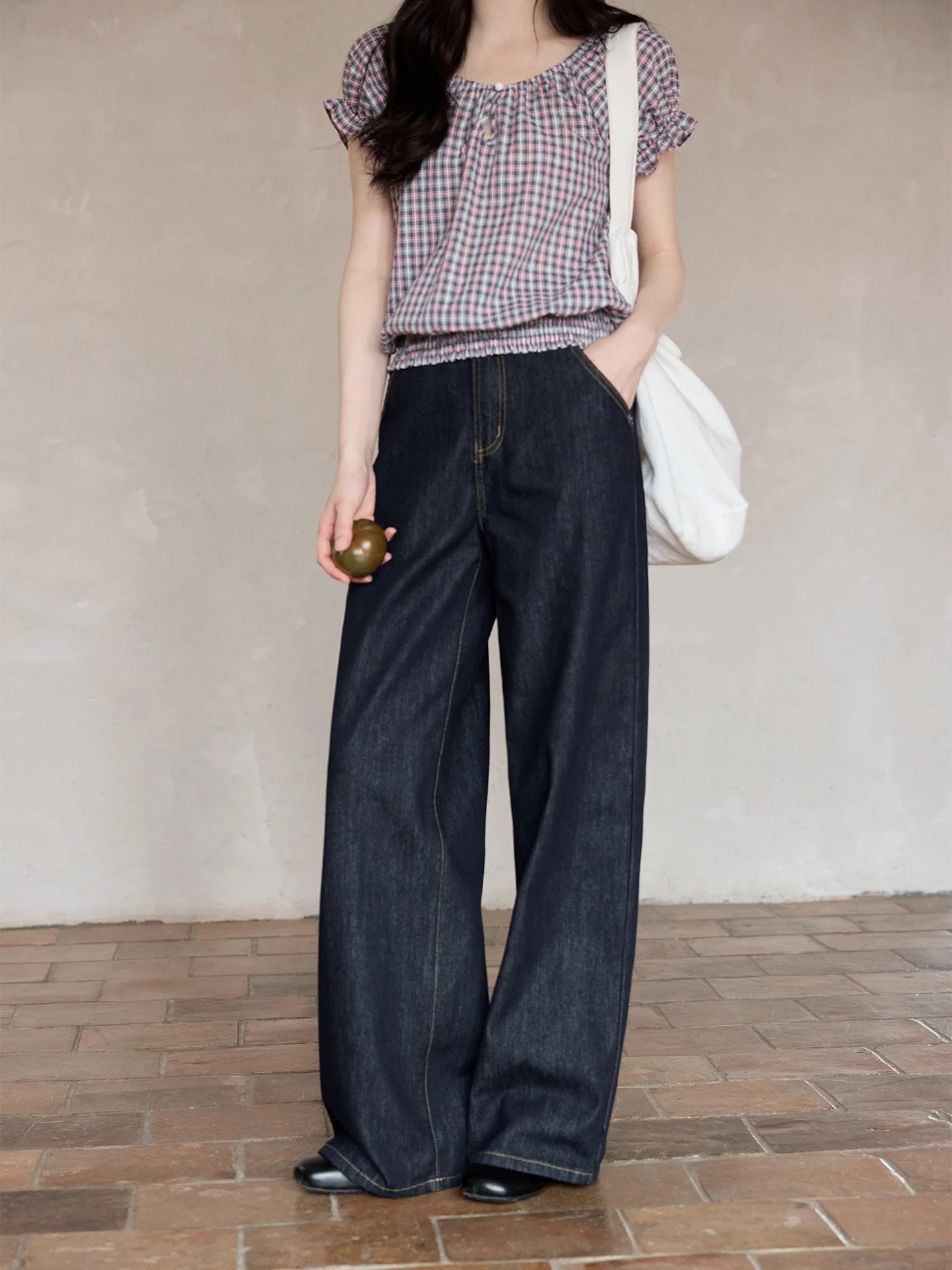 

Джинсы прямого кроя с высокой талией, темно-синие, в корейском стиле, женские, модные, премиум-класса, в ретро-дизайне, для летних поездок на работу