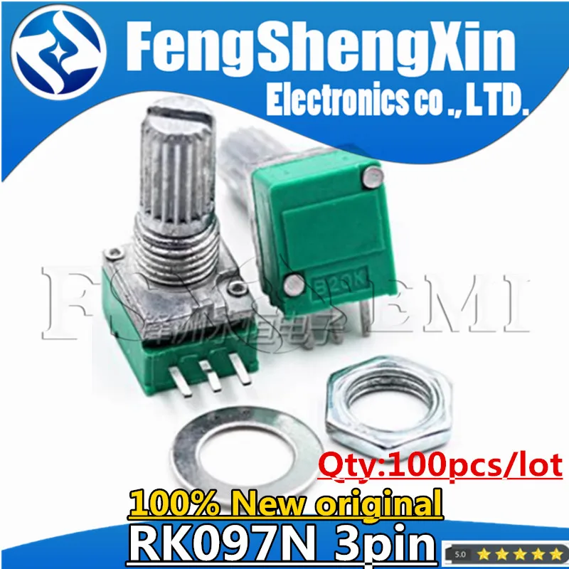 100pcs RK097 potentiometer RK097N 5K 10K 20K 50K 100K 500K B5K with switch audio 3pin shaft 15mm amplifier sealing potentiometer