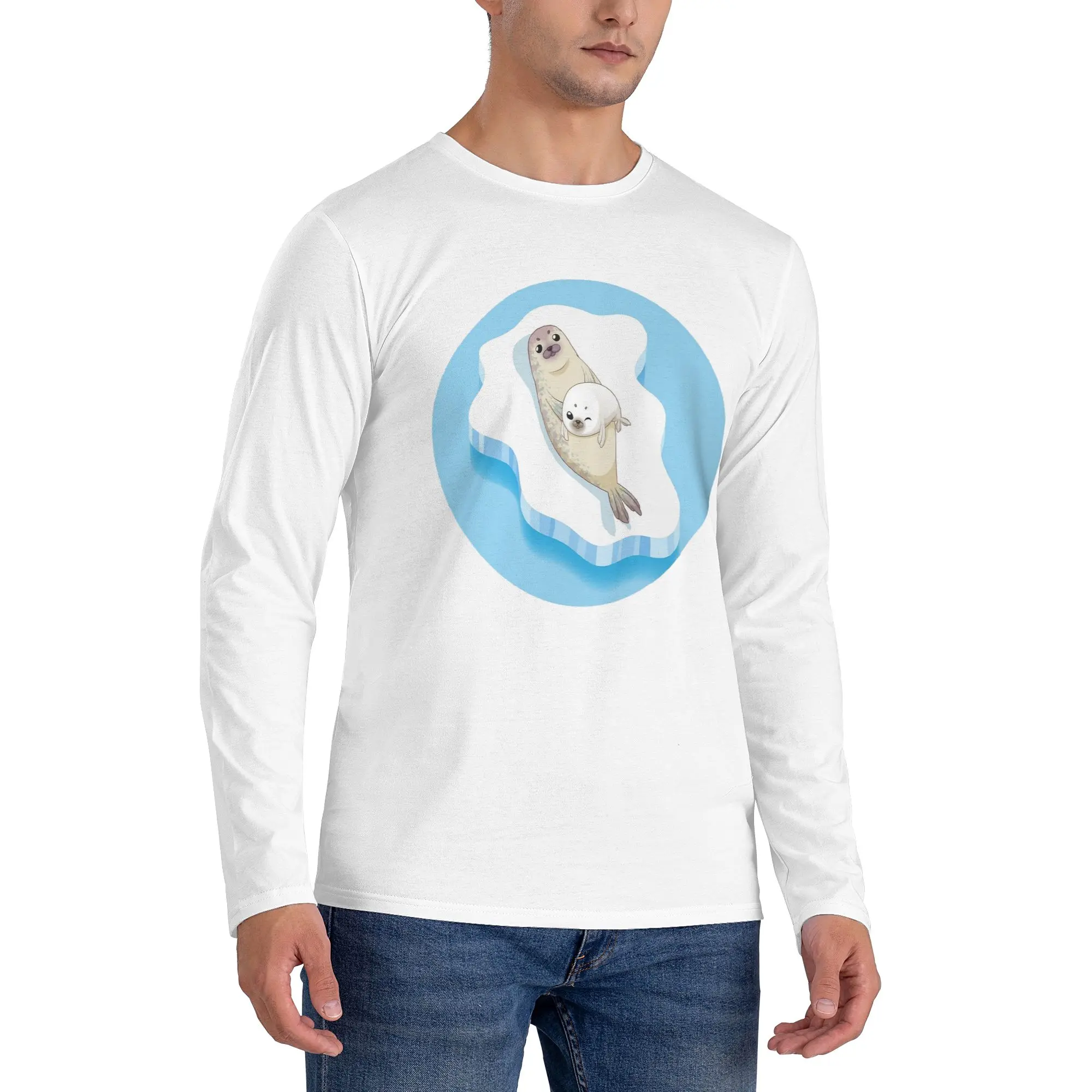 

Мужская футболка с длинными рукавами и семейным персонажем из мультфильма с милыми тюленями, повседневные футболки с круглым вырезом, весенние и осенние мужские топы