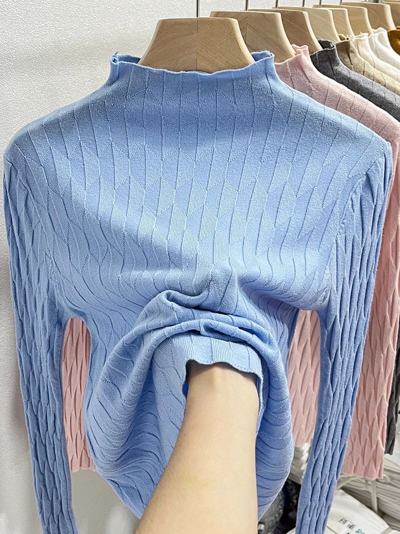 Half Turtleneck Knitted Sweaters  Spring Autumn Long Sleeve Solid Color Slim Fit Base Top Female Stretch Knitwear