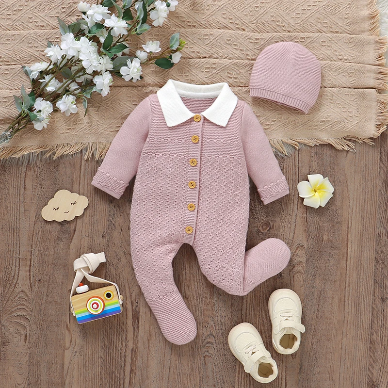 Baby Romper Knit Newborn Girl Jumpsuit Long Sleeve Overalls Pantyhose 2pcs Foot Warp Infant Child Clothes Hat 0-9M Fashion Solid