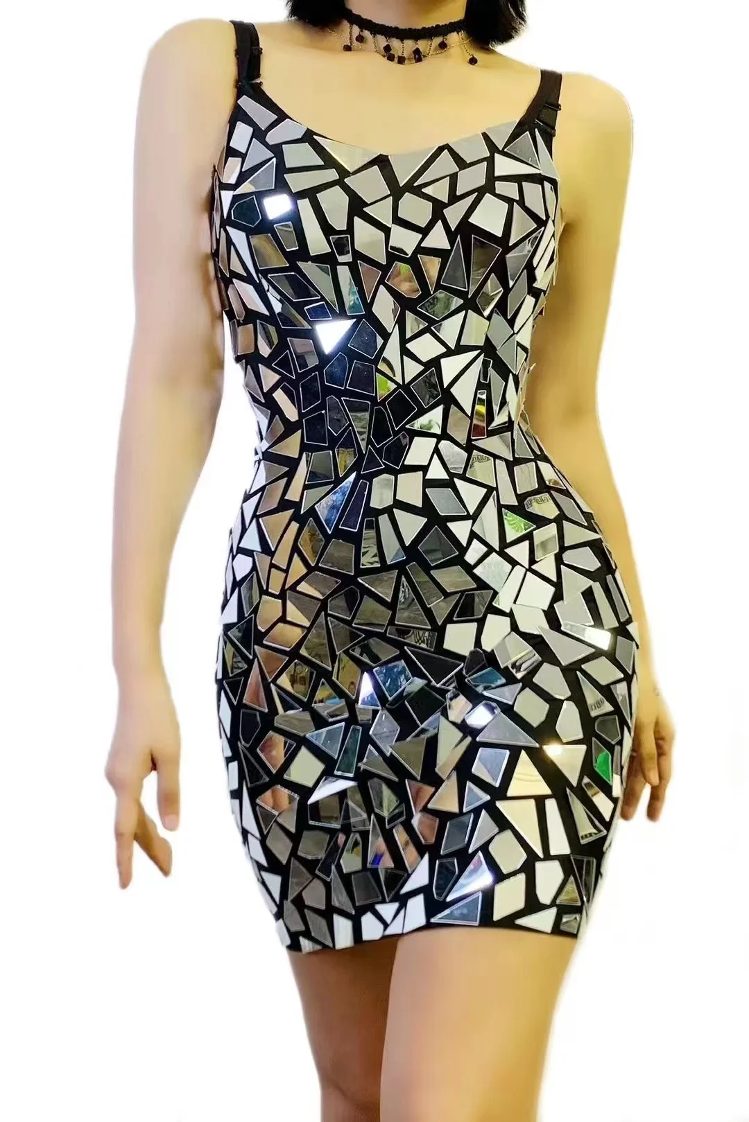 Daily Outstanding Style Mirror Short Dress Ladies Holiday Wear Sparkling Mirror Costume