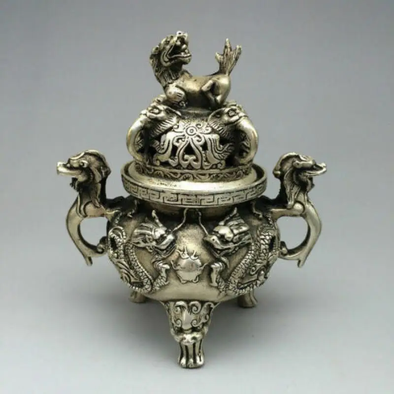 

China Folk Collection Tibet Silver Copper Statue Two Incense