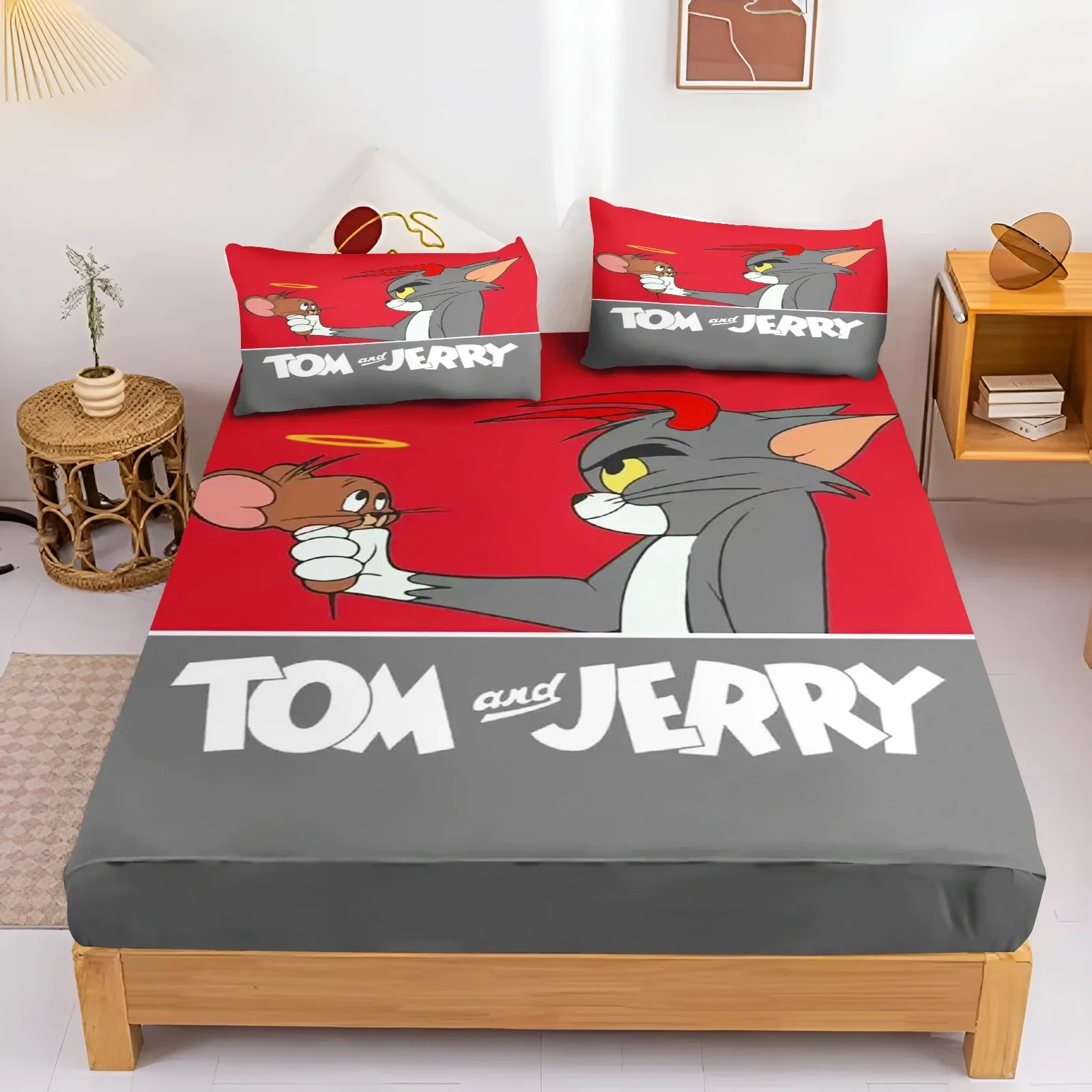 Tom And Jerry cartoon print fitted sheet, cute bedspread with pillowcase for bedroom, bedding set, home décor