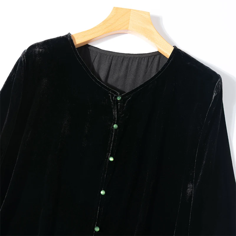 المرأة الحرير المخملية معطف 100% التوت الحرير بطانة أسود اللون طويلة الأكمام سترة سترة بلوزة قميص الخريف الدافئة M1484 #3