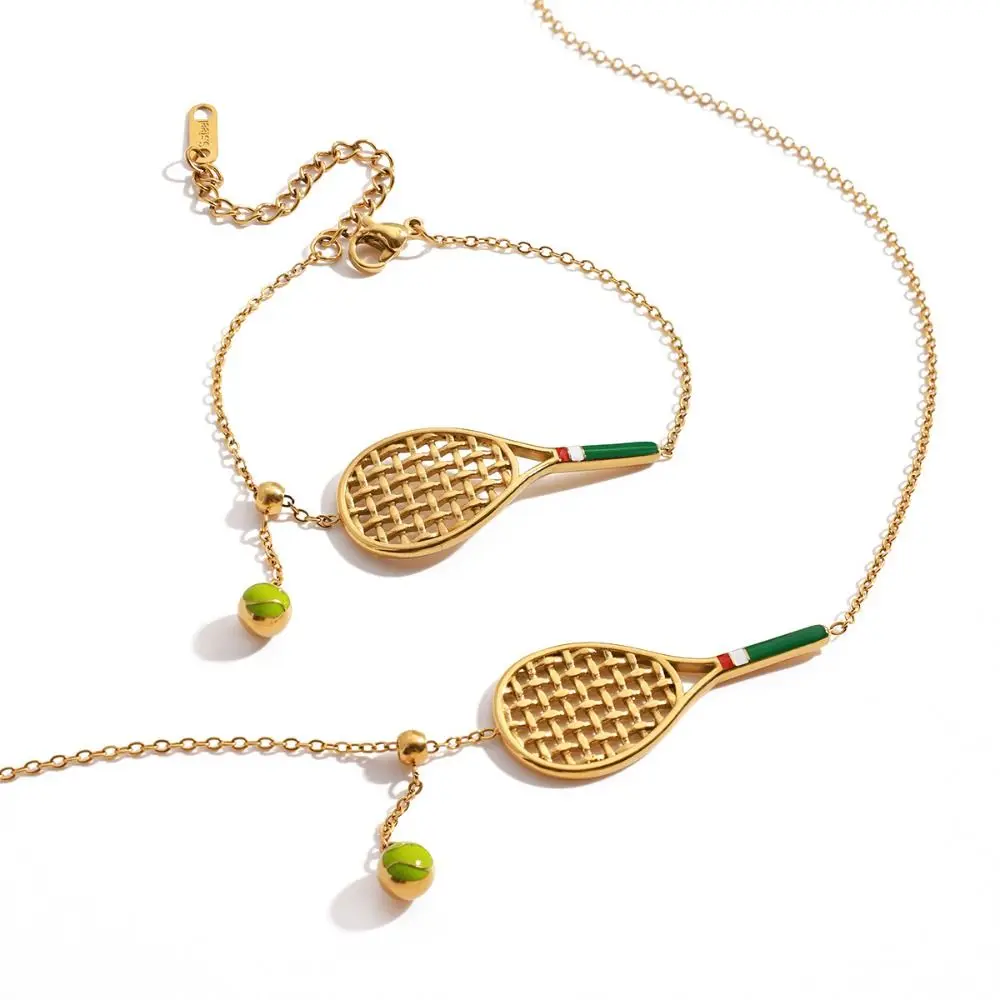 Metal Chain Tennis Racket Necklace 18K Gold Plated Oil Drip Enamel Tennis Racket Bracelet Sport Style Charm Gold Clavicle Chain