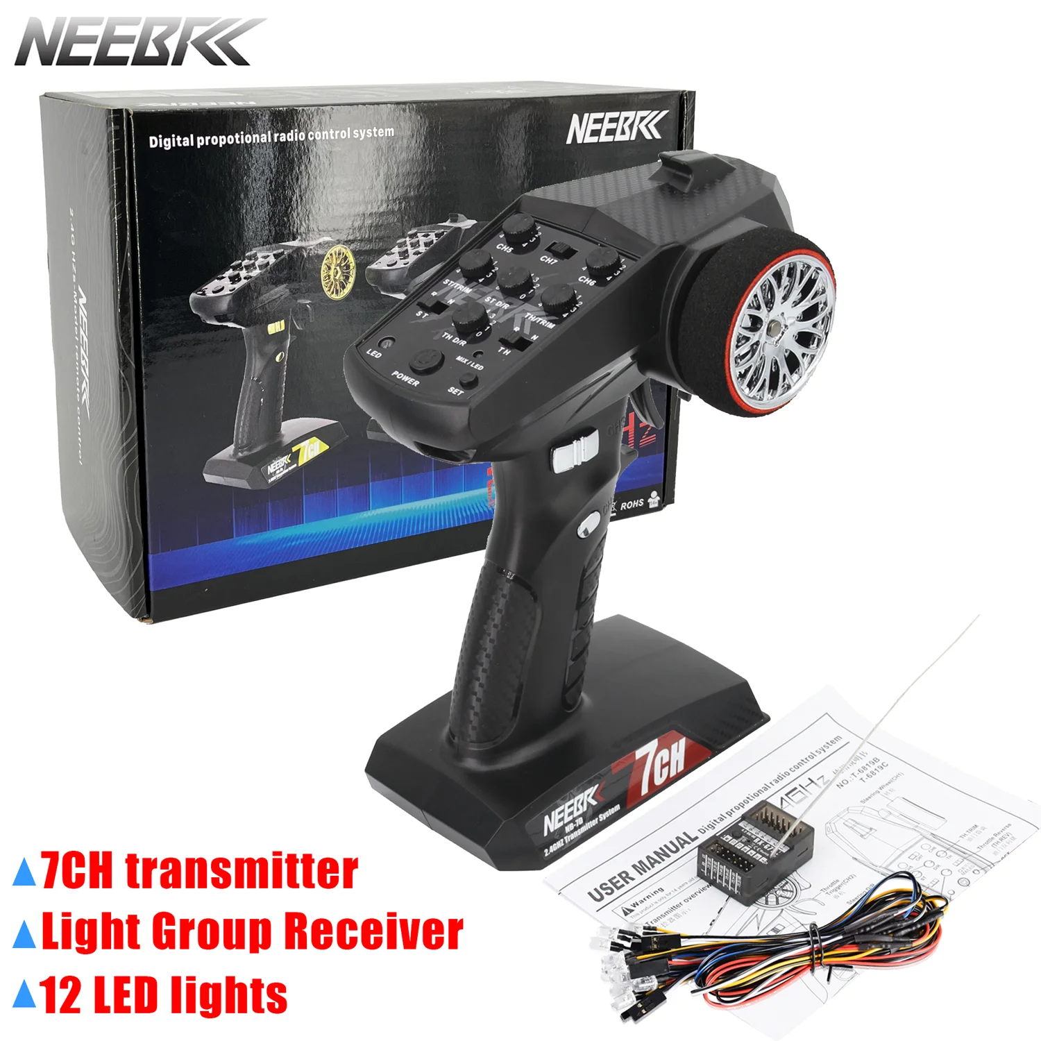 

NEEBRC 7CH RC Transmitter with Receiver Built-in Light Control System w/12LED Lights 2.4GHz Radio Remote Controller for RC Car