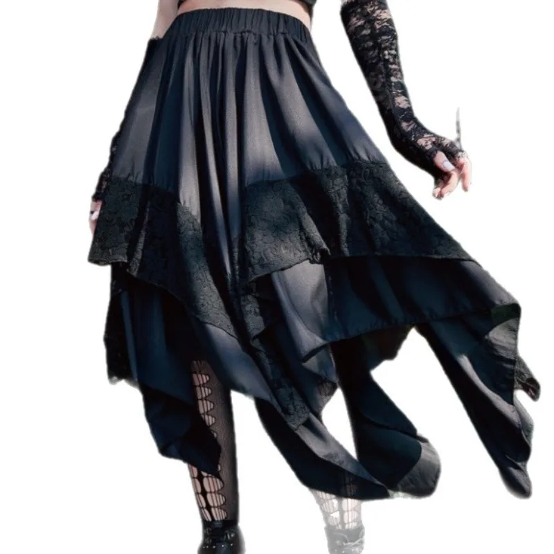 

2025 New Vintage Women Dark Gothic Punk Lace Skirts Y2K Streetwear Steampunk Contrast Lace Irregular Renaissance Cosplay Costume