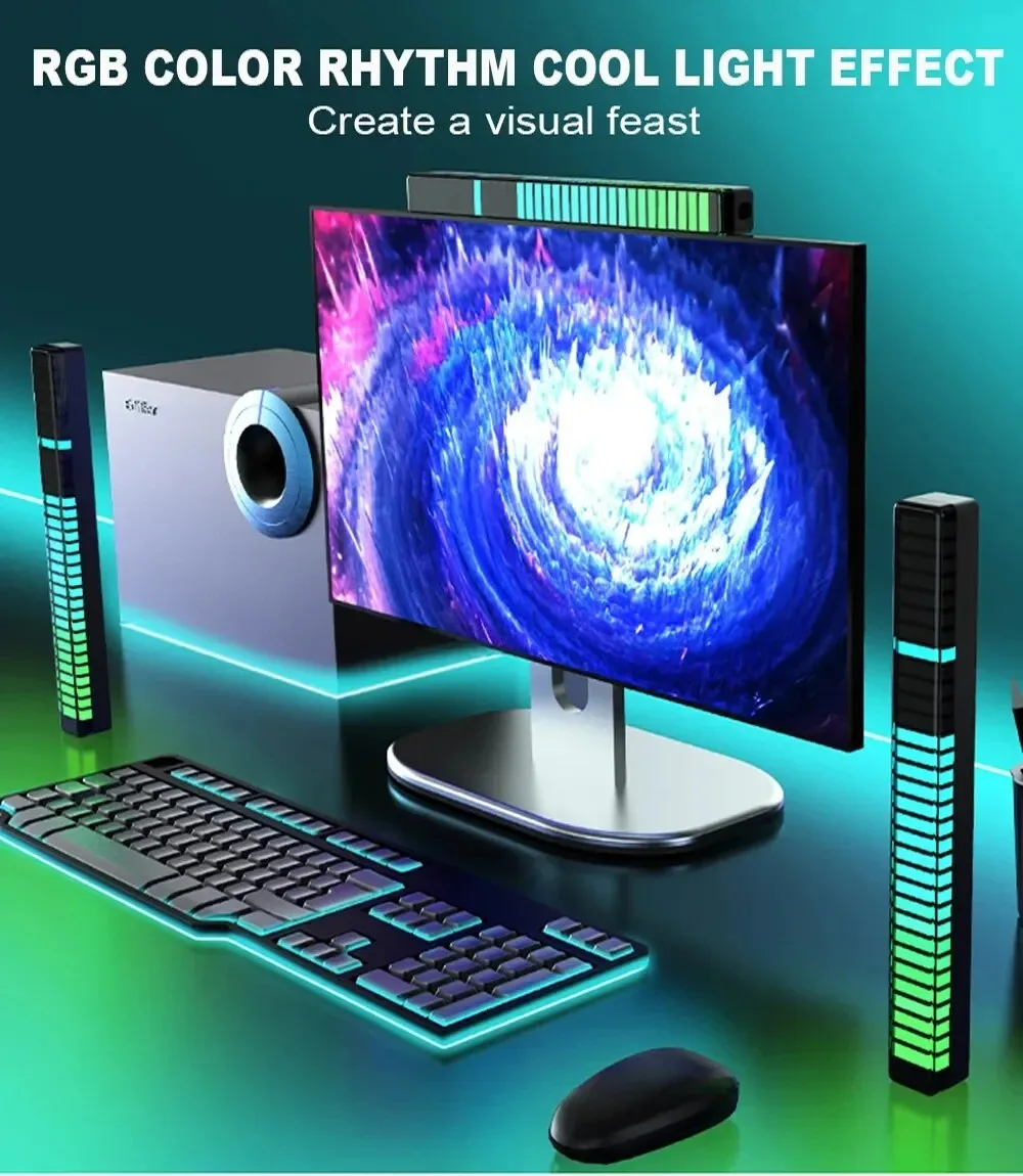 LED Rhythm Gaming Luz Ambiente, Controle de Som, Smart App, Música, Criativo, Colorido, Decoração Desktop