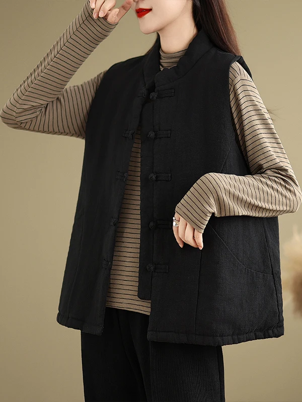 

Chinese Sle Loose Women's down Vest Coat with Button Design Thiened Cotton Inner Seven Sve Length Stand Collar