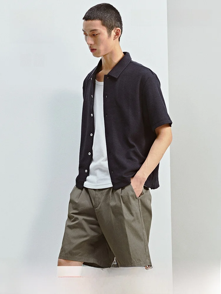 

H&M Men's Casual Shirt Summer Texture Collar Short Sleeve Comfortable Polyester Cotton Blend Standard Fit Short Sleeve Shirt