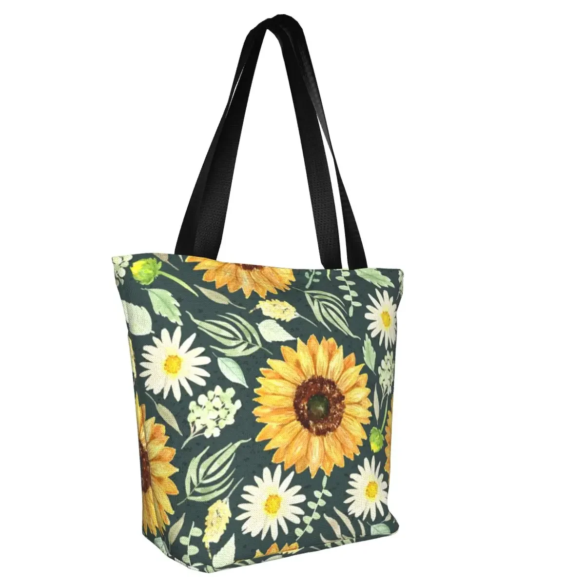 Floral Sunflowers And Daisies Groceries Shopping Tote Bag Fashion Flower Canvas Shoulder Shopper Bag Large Capacity Handbag