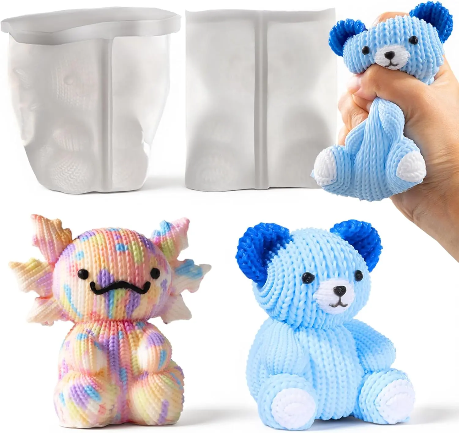 Bear and Axolotl Molds for Taba Squishy, Cute Crochet-Texture Animal Silicone Molds, Thick and Flexible Mould for Creati