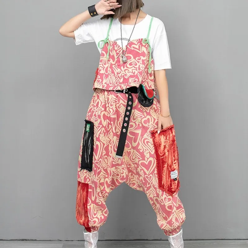 

2024 Spring Summer New Personalized Loose Printed Denim Camisole Vest + Crotch Pants Two-piece Set Women Matching Pant Set LX343