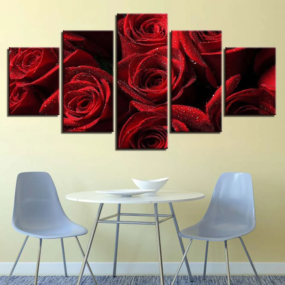 

Framed deep art mural, five couplets ultra clear room decoration painting, romantic red rose mural